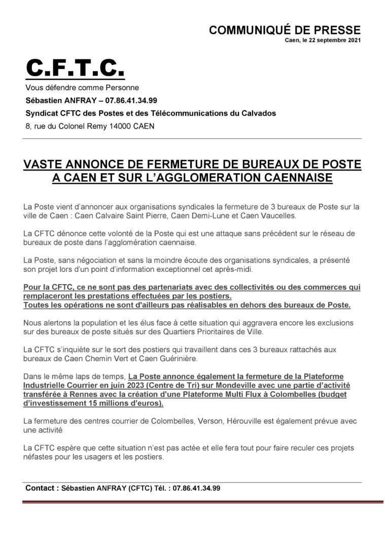 Communiqué de presse de la CFTC sur les fermetures des bureaux de poste dans l'agglomération caennaise