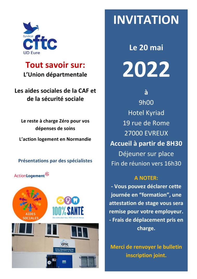 Invitation à notre Conseil Elargi le 20 mai 2022 (thème: les aides financières aux salariés)