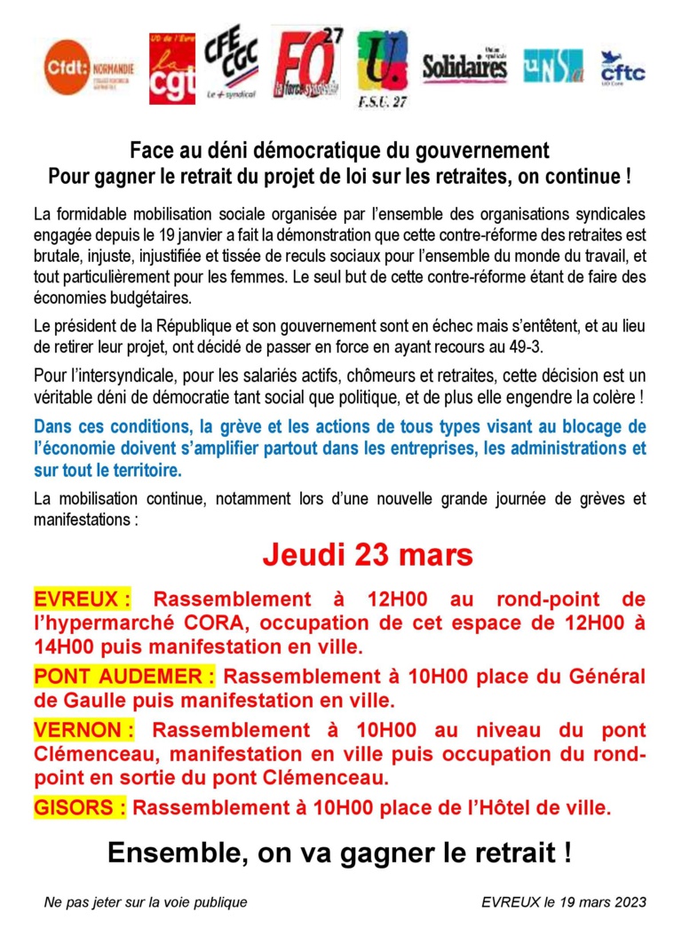 Manifestation du 23 mars: RDV à 14h au rond-point de Cora