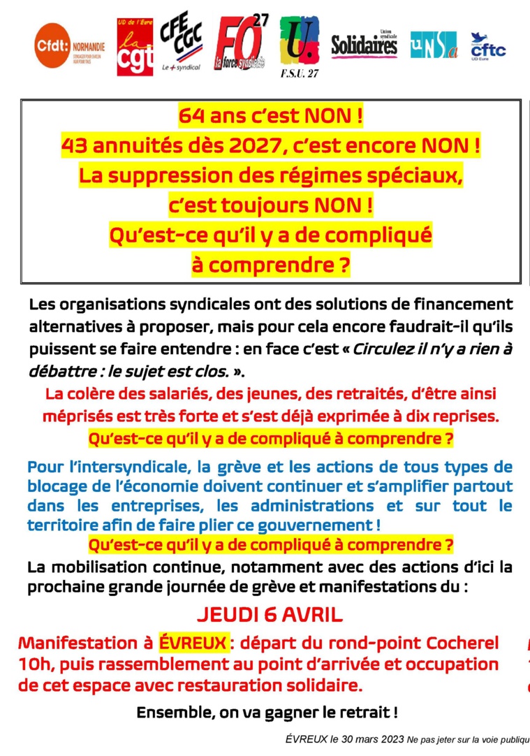 Manifestation du 6 avril à Evreux : 10h au rond-point Cocherel