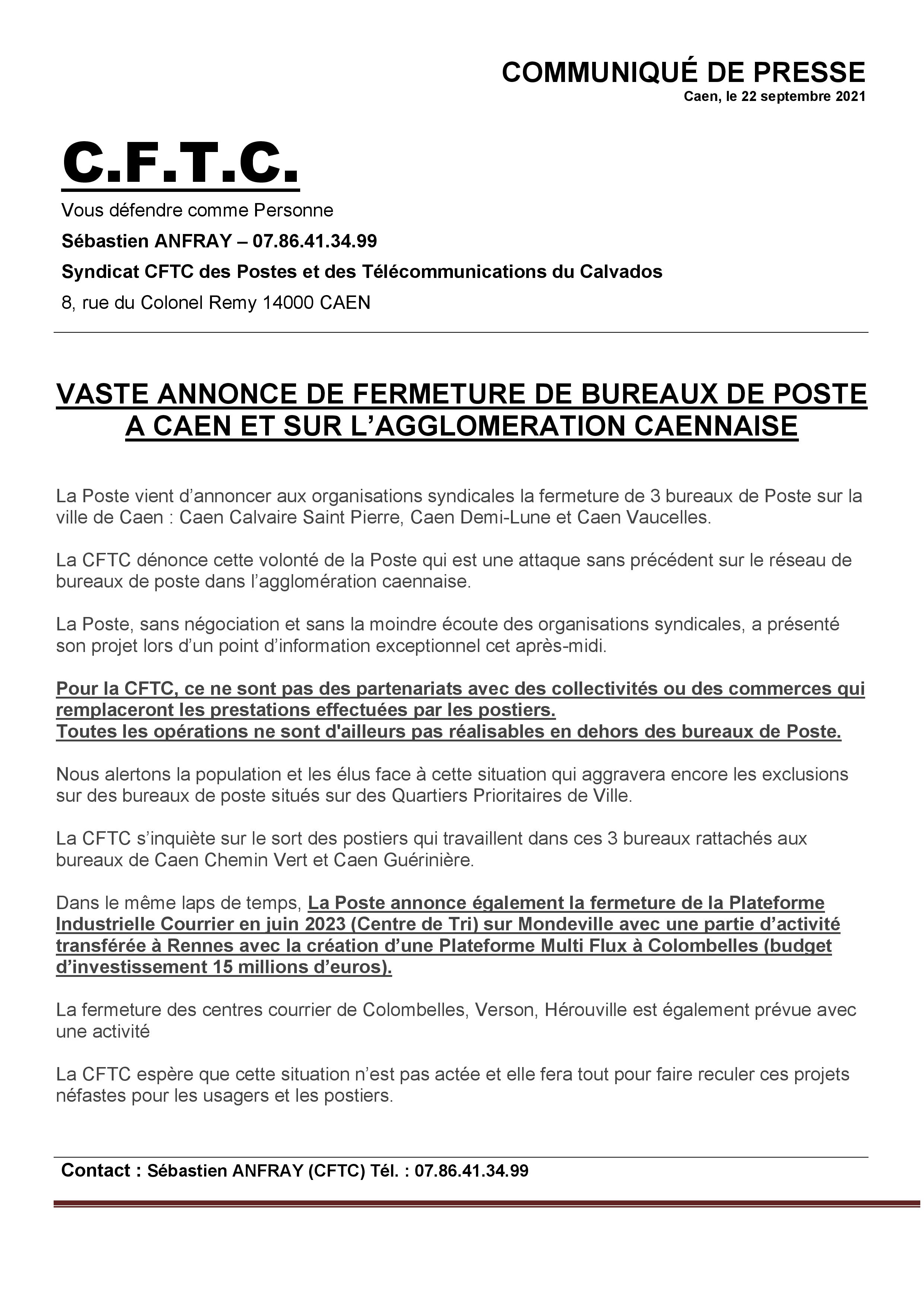 Communiqué de presse de la CFTC sur les fermetures des bureaux de poste dans l'agglomération caennaise