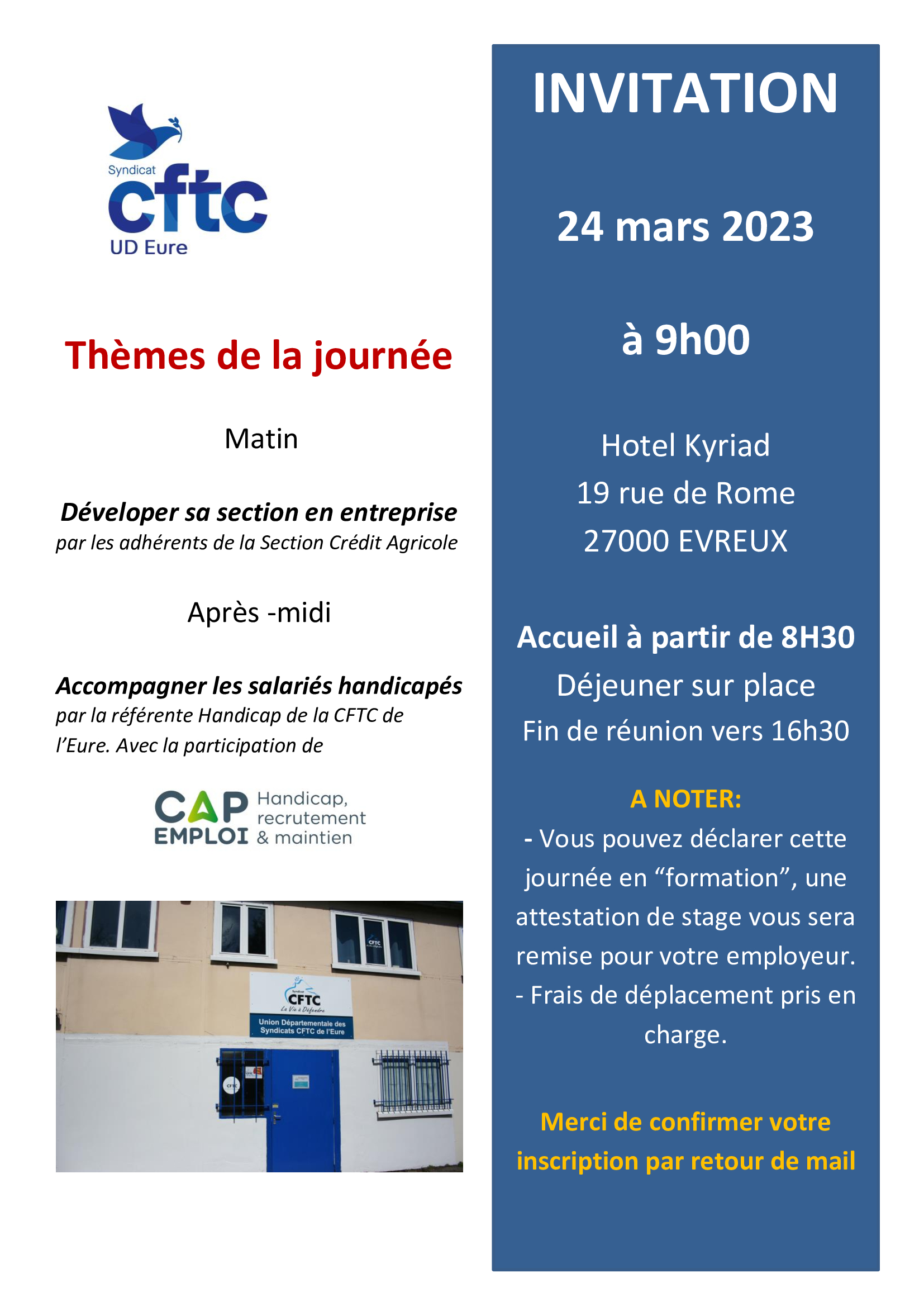 Forum de la CFTC27 le 24 mars: journée pour tous les adhérents